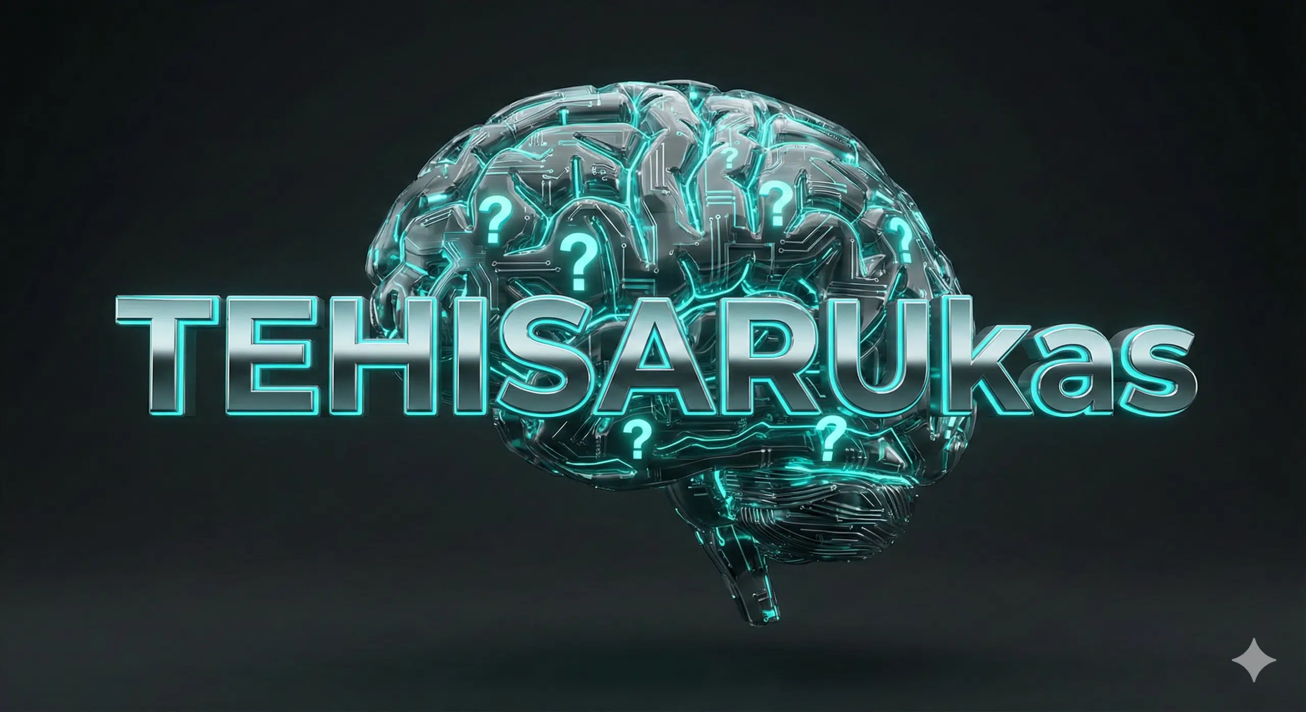 Pilt näitab futuristlikku aju, mille sees on küsimärgid ja mille ees on suur tekst 'TEHISARUKAS'. Aju kujutis sisaldab digitaalseid elemente ja juhtmeid, viidates tehisintellektilisele mõtlemisele.
