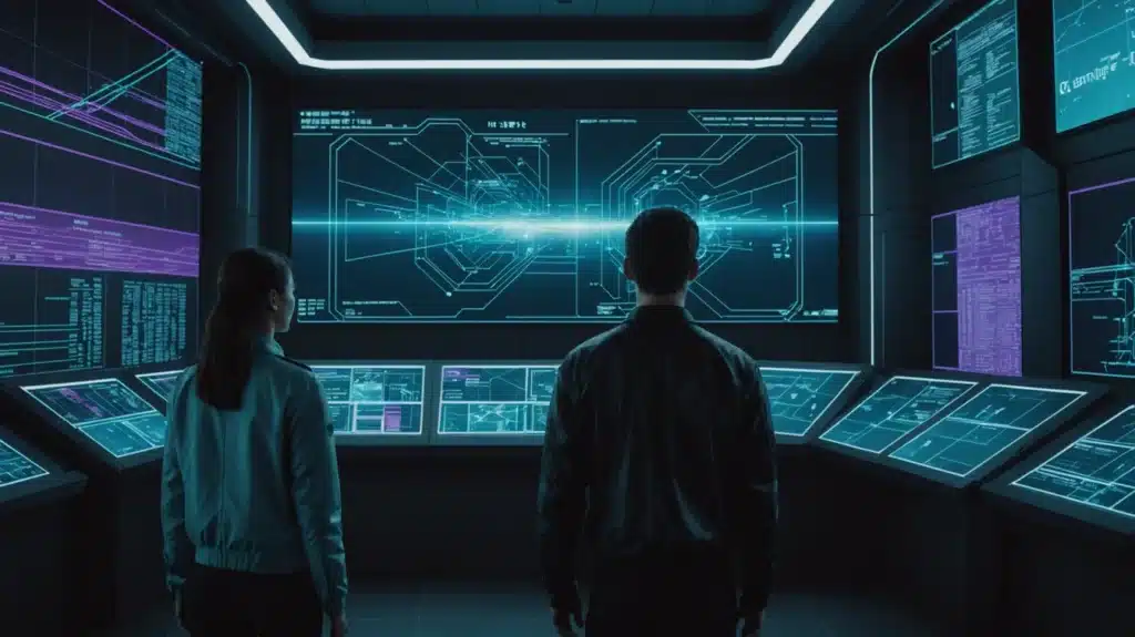 Kaks inimest vaatavad digitaalseid ekraane kontrollruumis