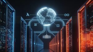 Andmekeskus digitaalsete ikoonidega globuse kohal