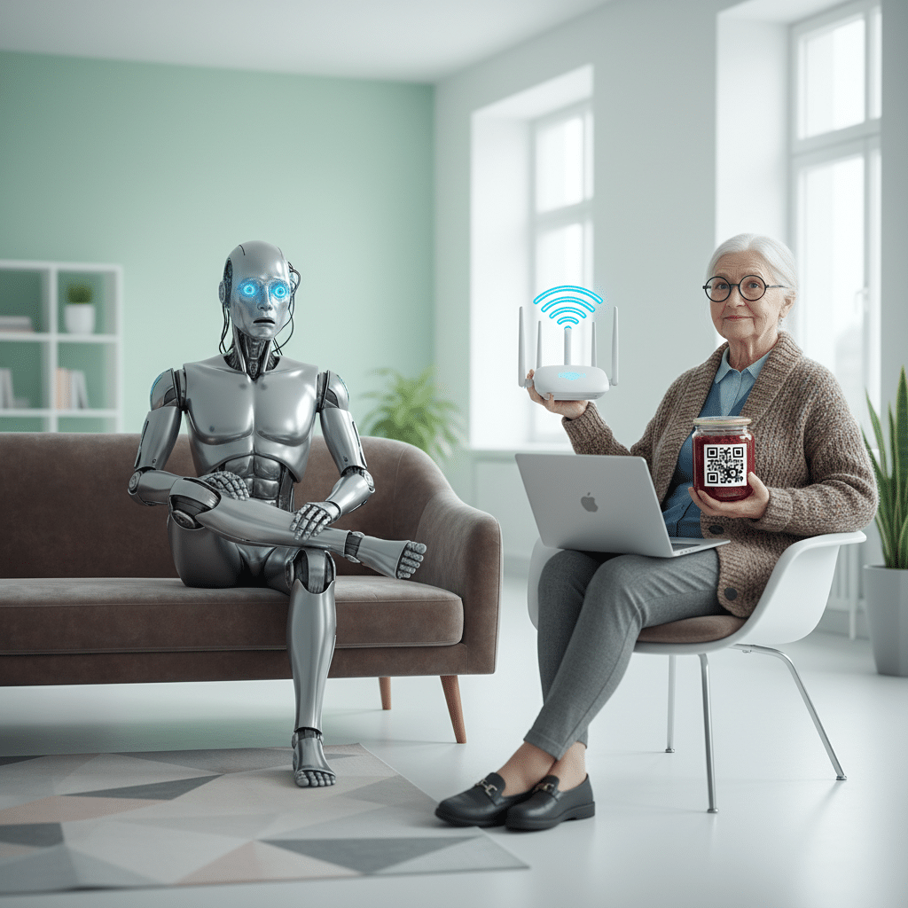 Robot istub koos vanema naisega elutoas, naisel sülearvuti ja ruuter