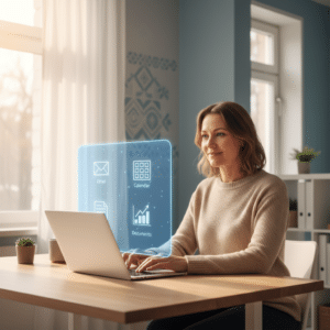 Naine kasutab sülearvutit, ekraanil hologrammigraafika