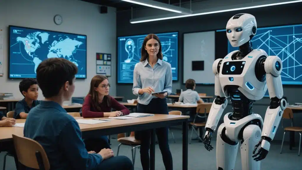 Õpetaja ja humanoidrobot klassiruumis koos õpilastega