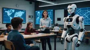 Õpetaja ja humanoidrobot klassiruumis koos õpilastega