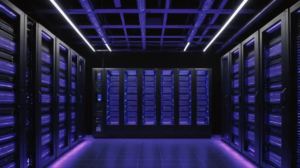 Andmekeskuse serveriruum sinise valgusega