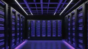 Andmekeskuse serveriruum sinise valgusega