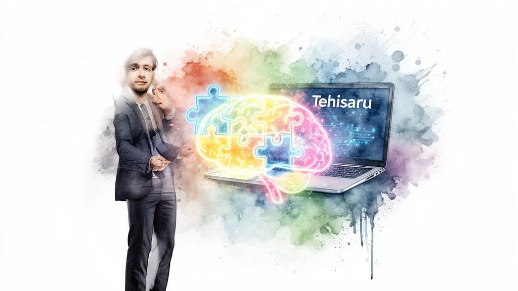 Inimene seisab värvilise aju ja sülearvuti kõrval, tekst 'Tehisaru'.