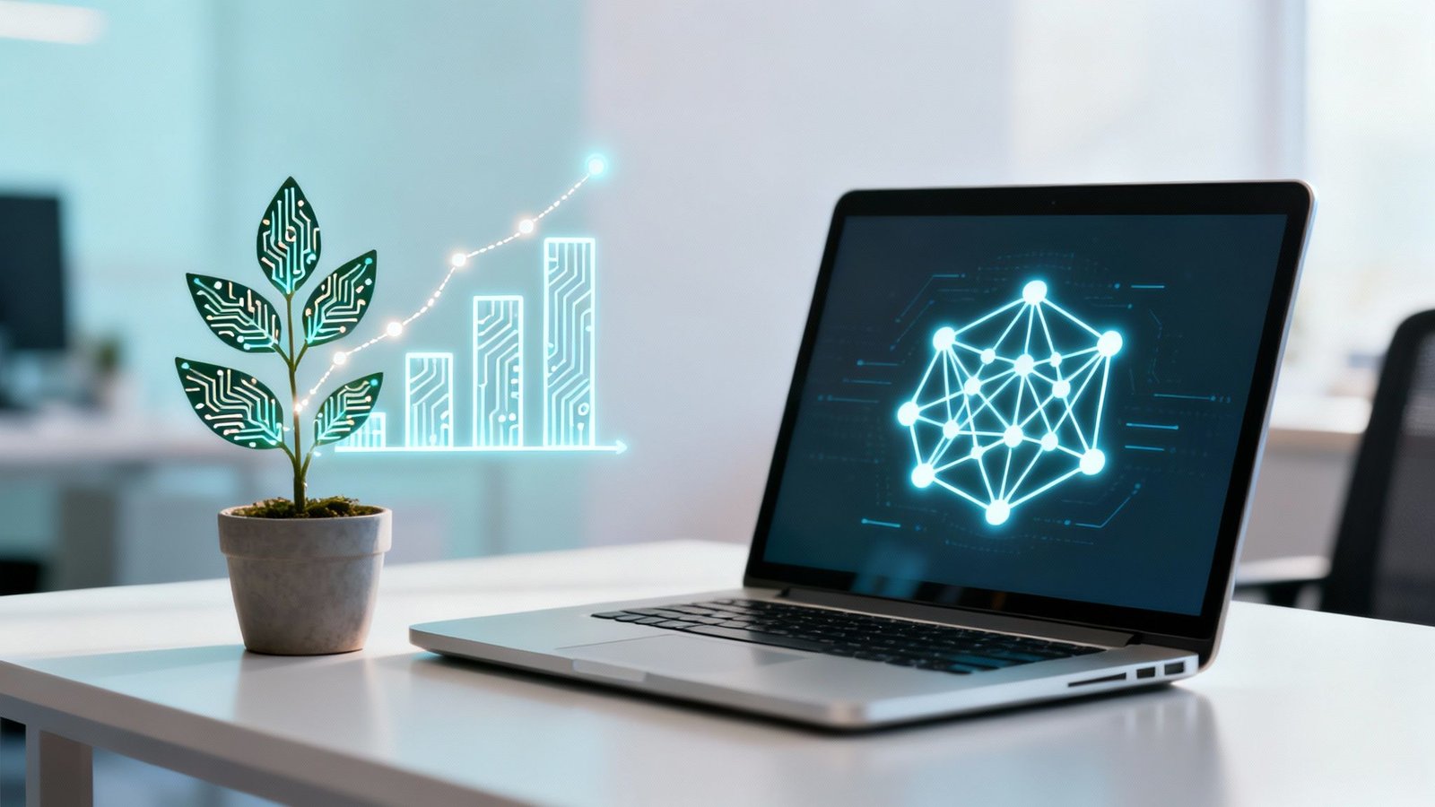 Laptop displaying AI network next to plant with growth chart