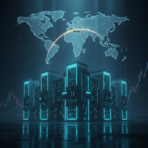 Serverite klaster ja maailmakaart, mis sümboliseerib AI-tehnoloogiat