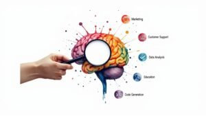 suurendusklaas ja värviline aju, tähistades tehisaru rakendusi