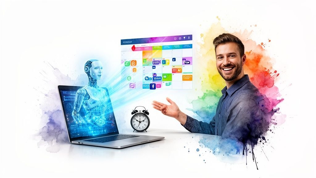 mees koos AI ekraaniga loomisel sotsiaalmeedia kalender