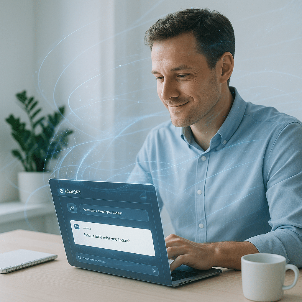 Mees kasutamas sülearvutis tehisintellekti tööriista