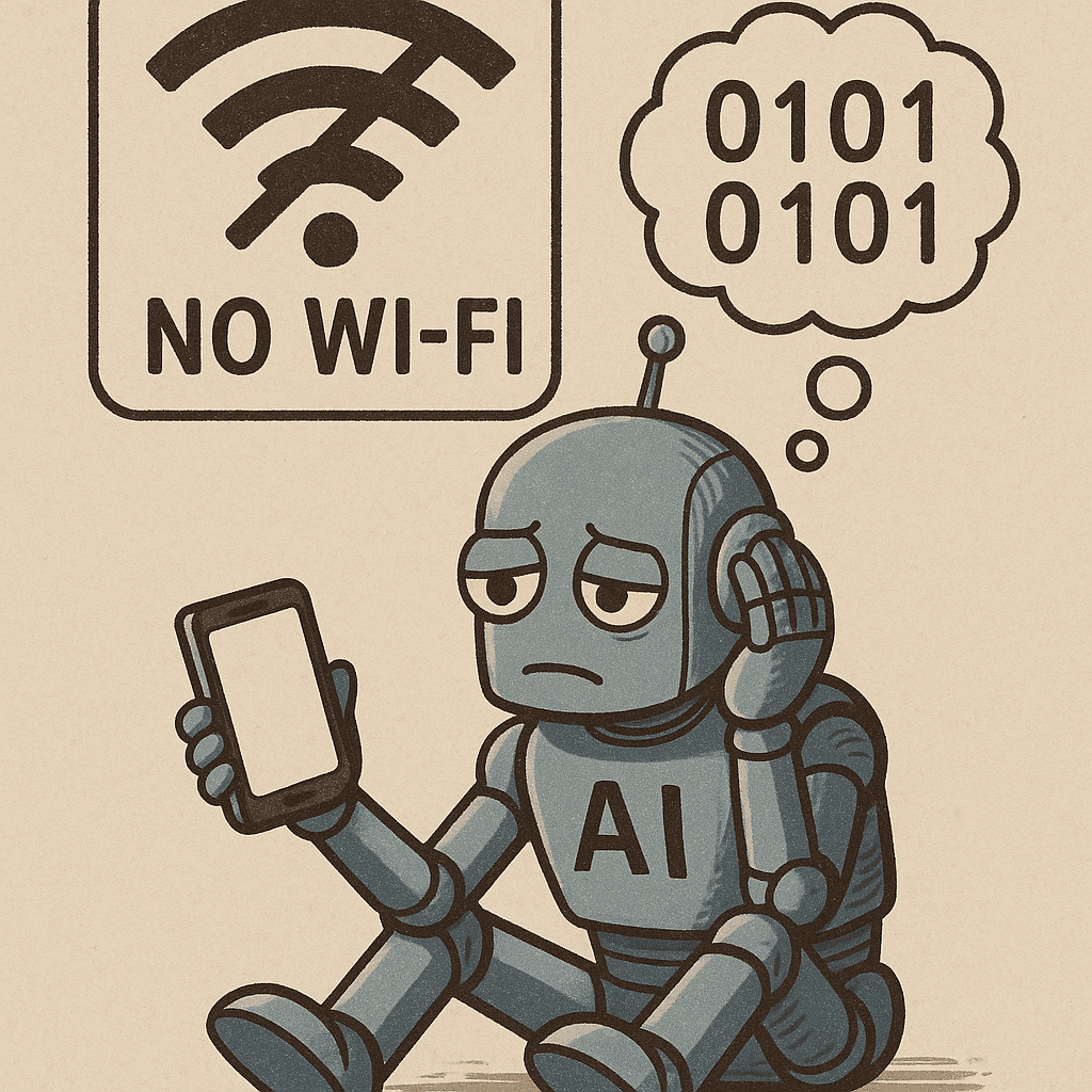 Kurb robot ilma Wi-Fi ühenduseta, telefon käes