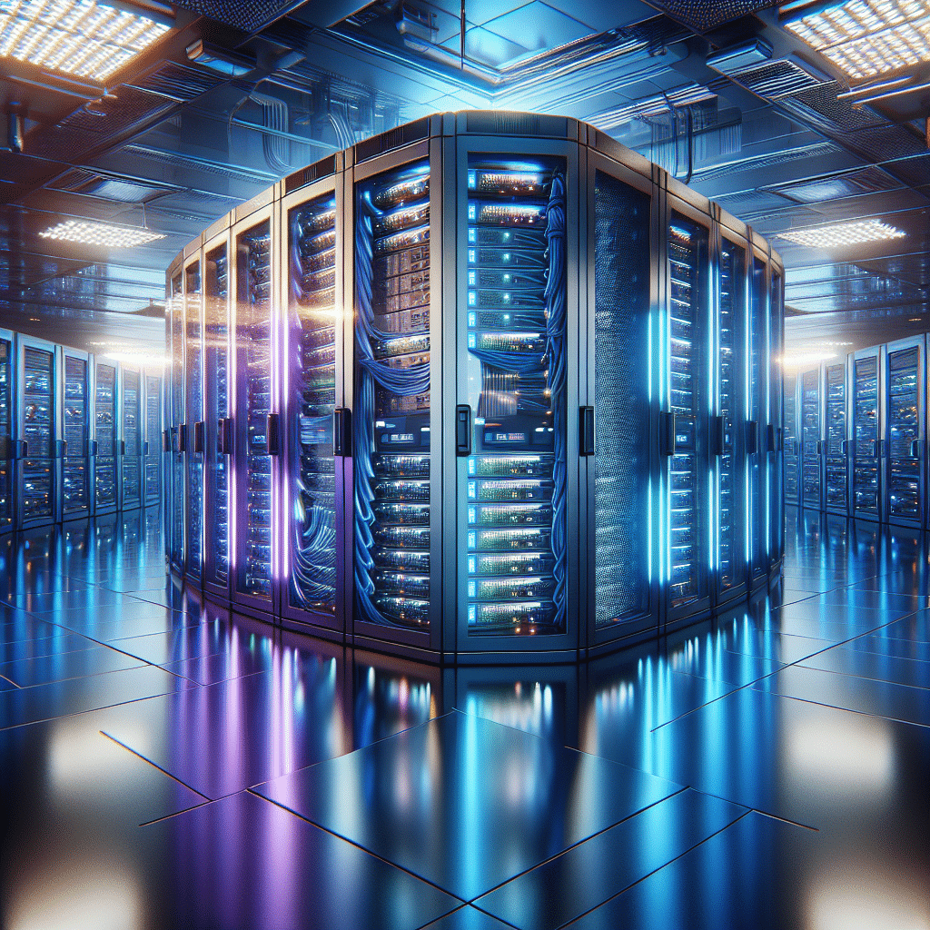 Uus andmekeskus võimsa AI serveriga, mis on kaunistatud siniste tuledest