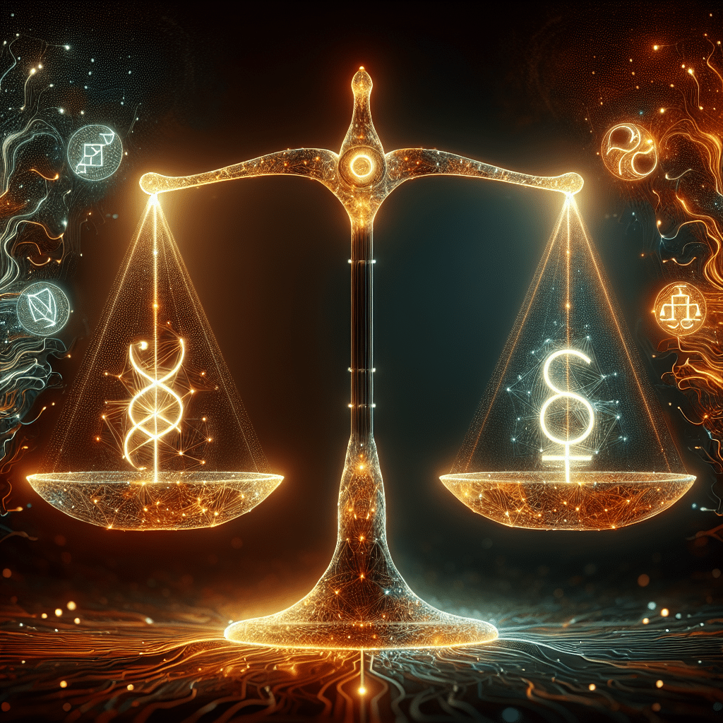 Kaalud digitaalsete sümbolitega, mis esindavad AI tasakaalu.