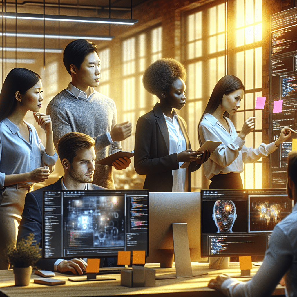 Tarkvaraarendajad töötavad koos AI projektiga arvutite ees