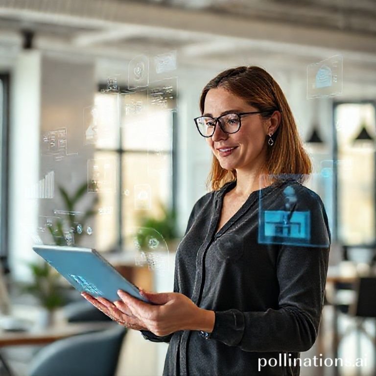 Naine kasutab tahvelarvutit kontorikeskkonnas koos tehisintellekti graafikutega