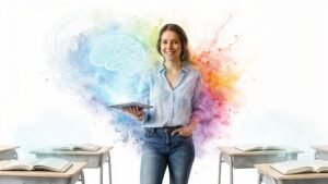 Õpetaja tahvelarvutiga klassiruumis koos AI sümboolikaga