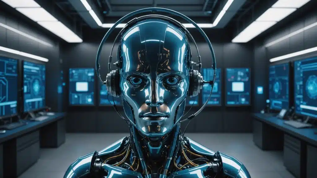 Futuristlik robot peakomplektiga serveriruumi taustal