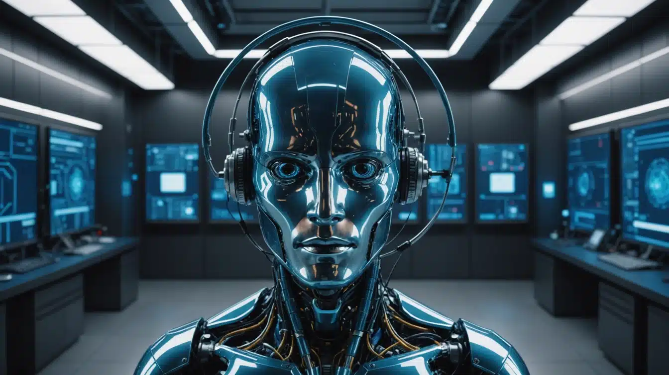 Futuristlik robot peakomplektiga serveriruumi taustal