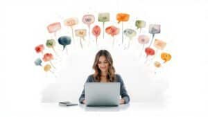 Naine sülearvutiga ümbritsetud vestlusmullidest