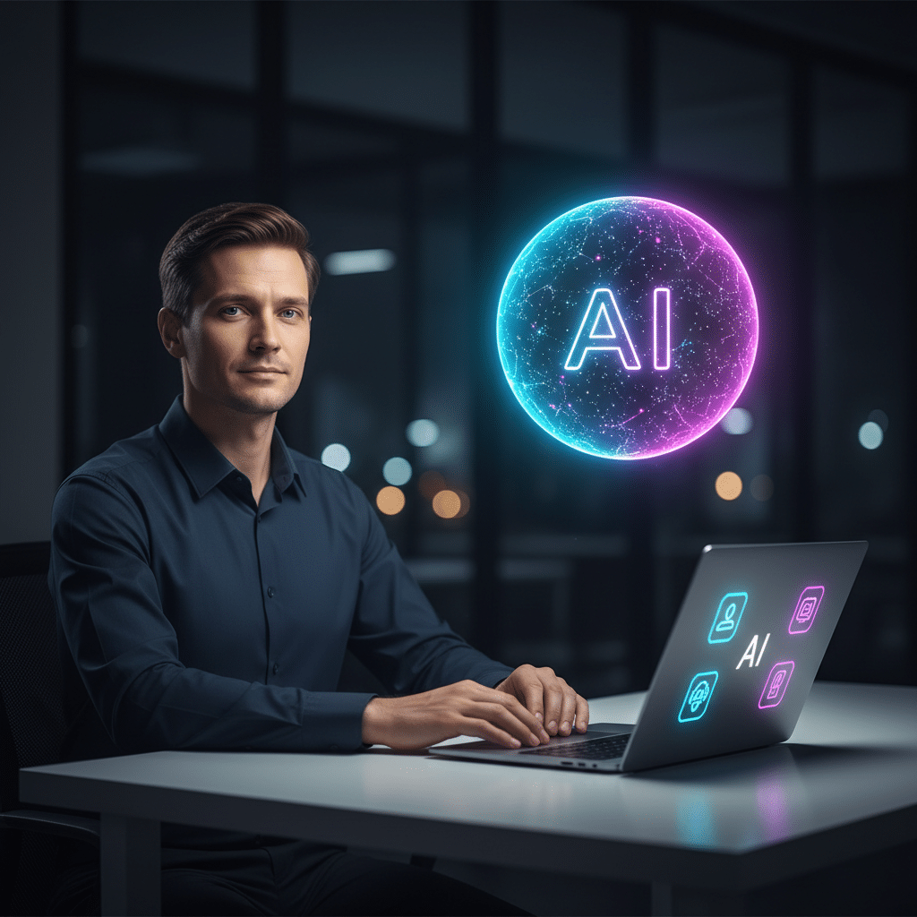 Mees töötab sülearvutiga, mille ekraanil on AI ikoon