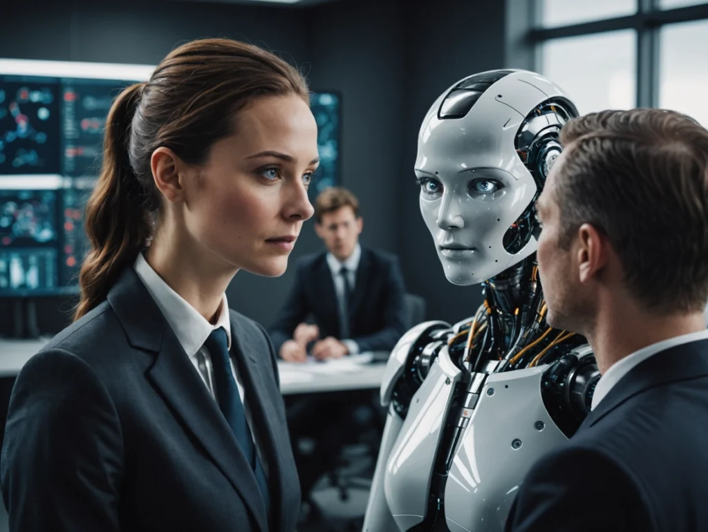 Inimesed suhtlevad kontoris humanoidroboti kõrval.