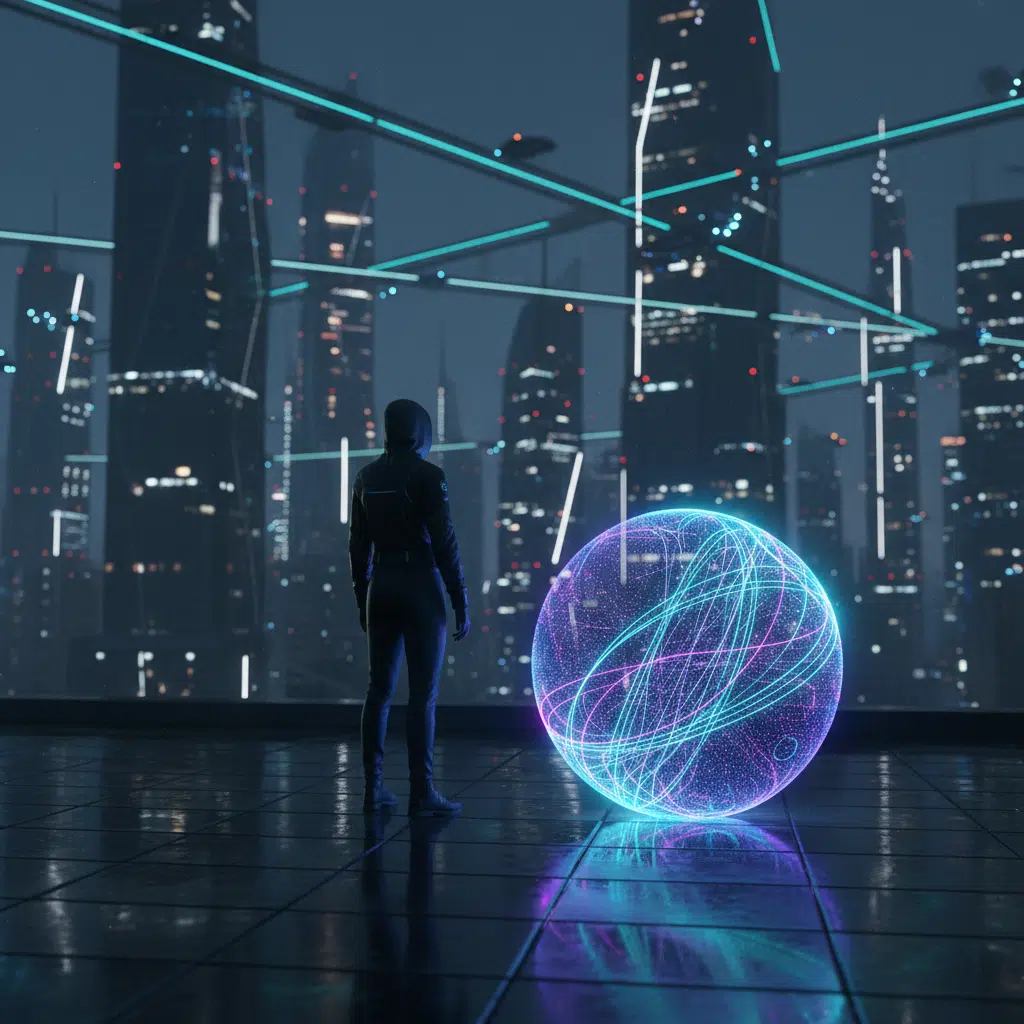 isik futuristlikus linnas koos digitaalse sfääriga