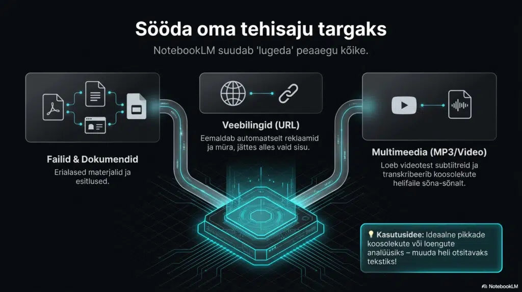 NotebookLM funktsioonid: failid, veebilingid ja multimeedia töötlemine.