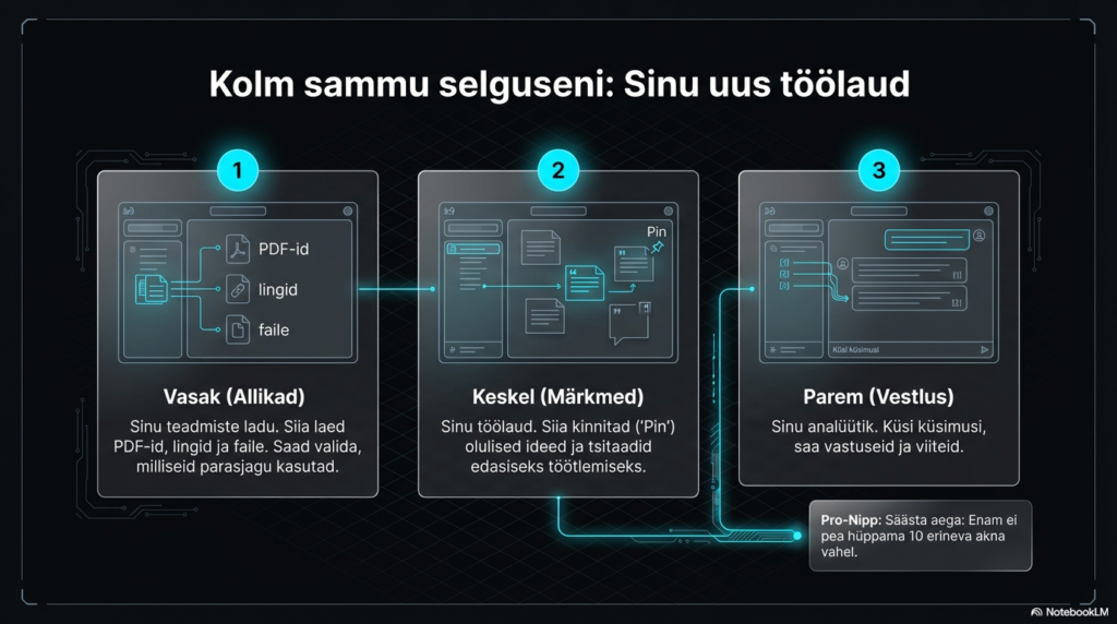 Kolm etappi NotebookLM töölauda kasutades uurimistöö lihtsustamiseks.