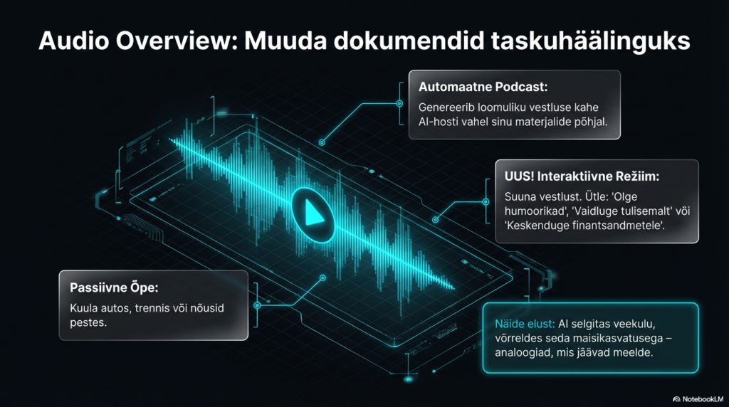Audio ülevaade koos funktsioonide selgitustega NotebookLM platvormil.