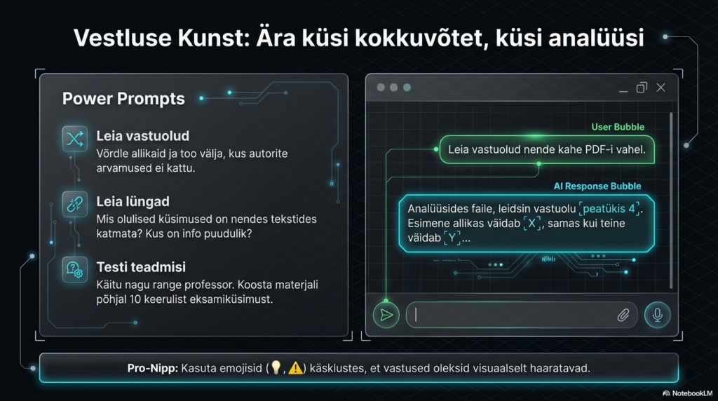AI vestlusanalüüs tööriista ekraanipilt koos võtmekäsklustega