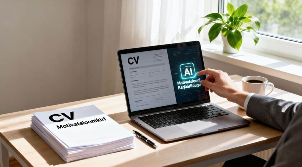 kontoritöötaja koostab CV-d ja motivatsioonikirja AI abil sülearvutil