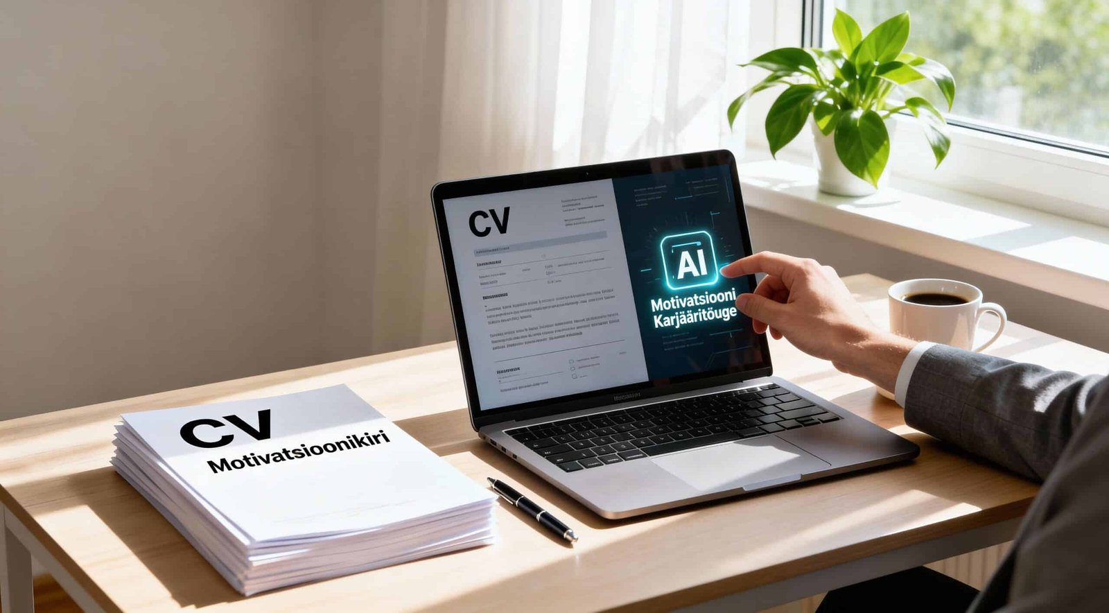 kontoritöötaja koostab CV-d ja motivatsioonikirja AI abil sülearvutil