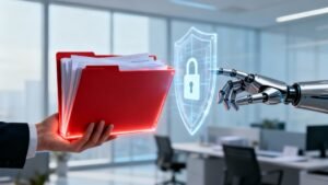 Punane kaustik ja roboti käsi kontoris