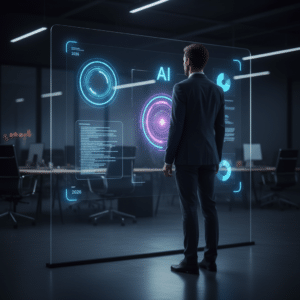 Ärimees vaatamas virtuaalset AI-tahvlit kontoris 2026. aastal