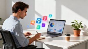 Turundaja töötab AI-tarkvaraga sülearvutis