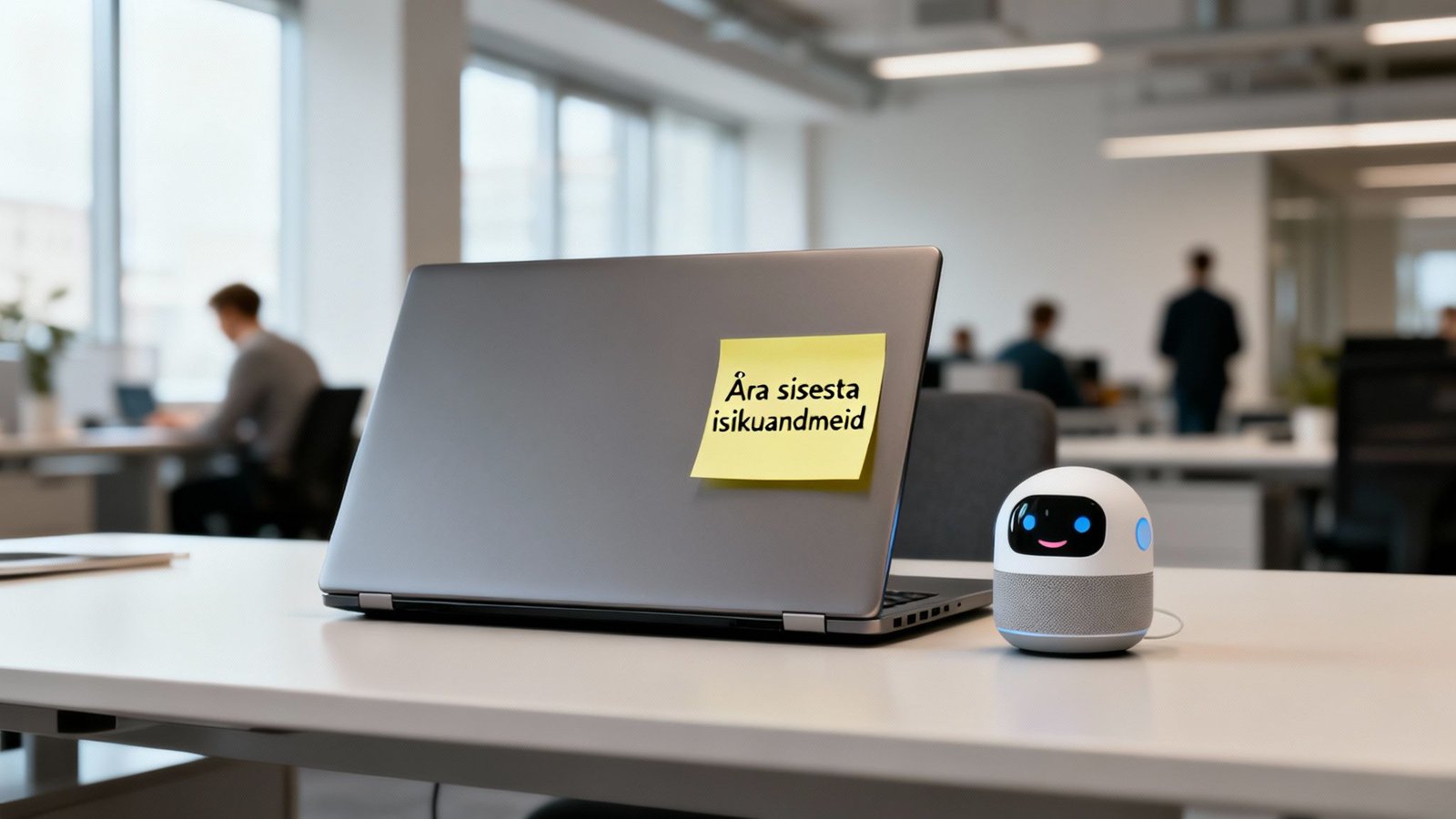 Kleebis sülearvutil, mis hoiatab isikuandmete sisestamise eest.