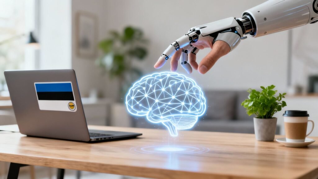 Robootiline käsi suheldes holograafilise ajustikuiga läptopil