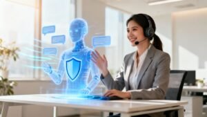 Naeratav klienditoe esindaja koos tehisaru hologrammiga