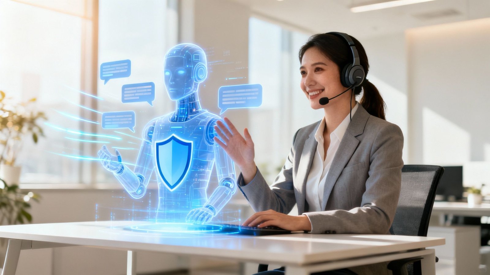 Naeratav klienditoe esindaja koos tehisaru hologrammiga