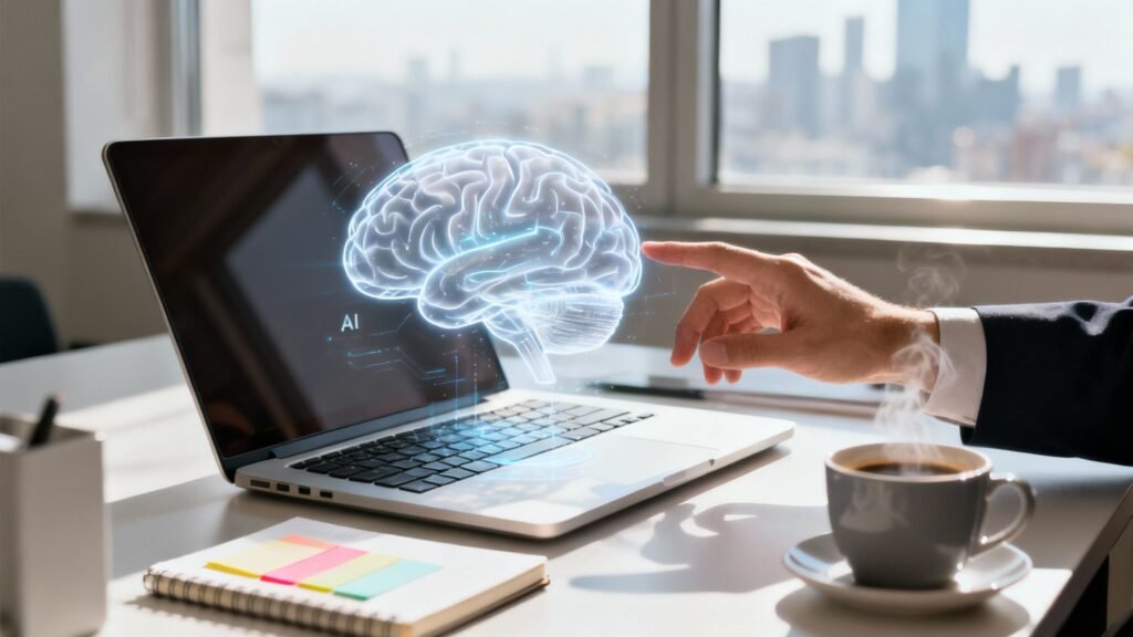 Digitaalne aju hõljub sülearvuti ekraani kohal kontorilaual.