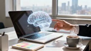 Digitaalne aju hõljub sülearvuti ekraani kohal kontorilaual.