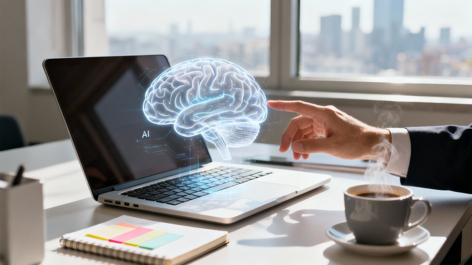 Digitaalne aju hõljub sülearvuti ekraani kohal kontorilaual.