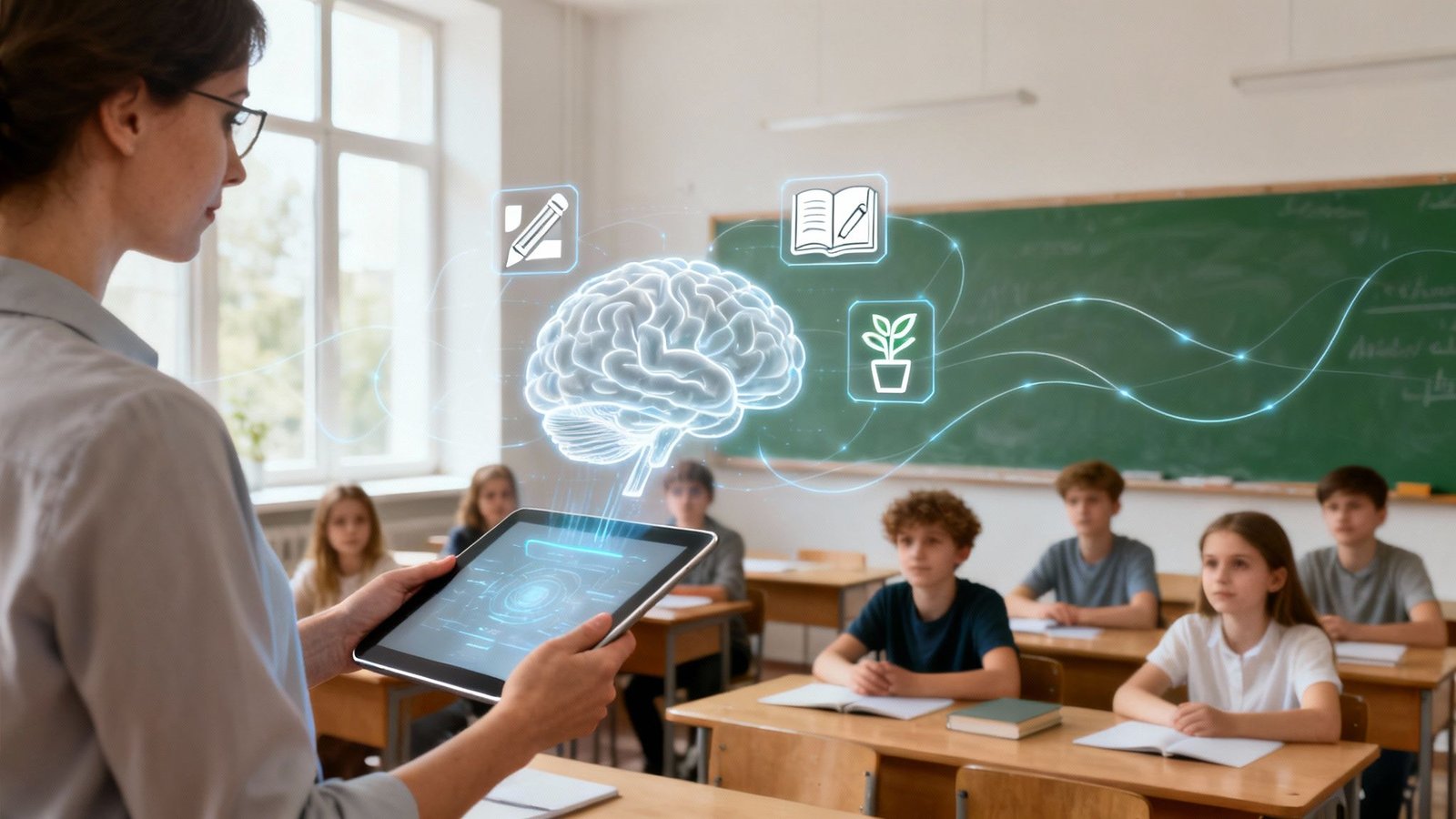 Õpetaja klassiruumis, kasutades tahvelarvutit tehisaru abiga