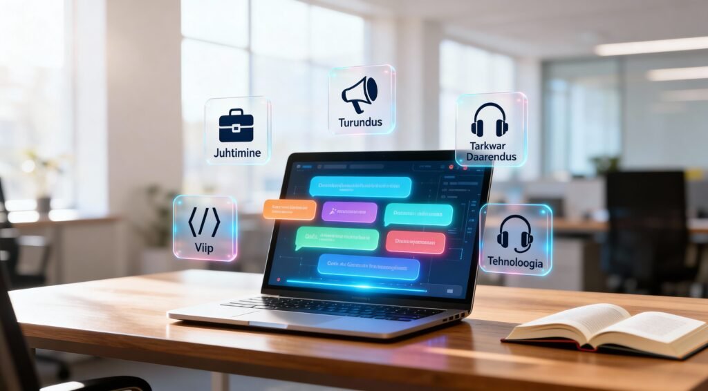 Sülearvuti laual koos virtuaalsete tööriistade ikoonidega