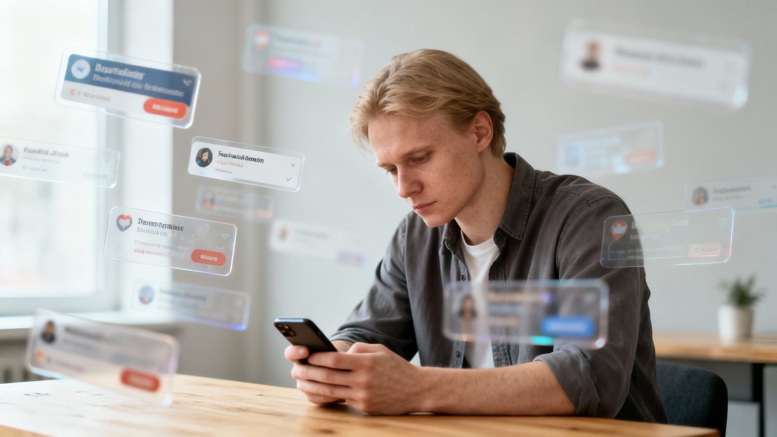 Noormees vaatab telefoni, ümbritsetuna hõljuvatest sotsiaalmeedia teadetest ja reklaamidest.