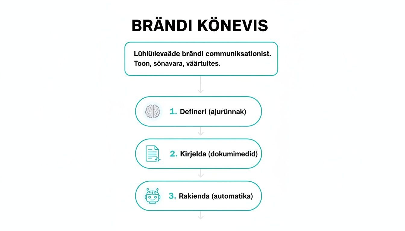 Brändi kõneviisi loomise vooskeem, mis kirjeldab defineerimise, kirjeldamise ja rakendamise etappe.