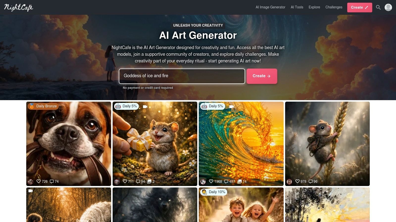 AI Art Generator NightCafe kasutajaliides värviliste näidispiltidega