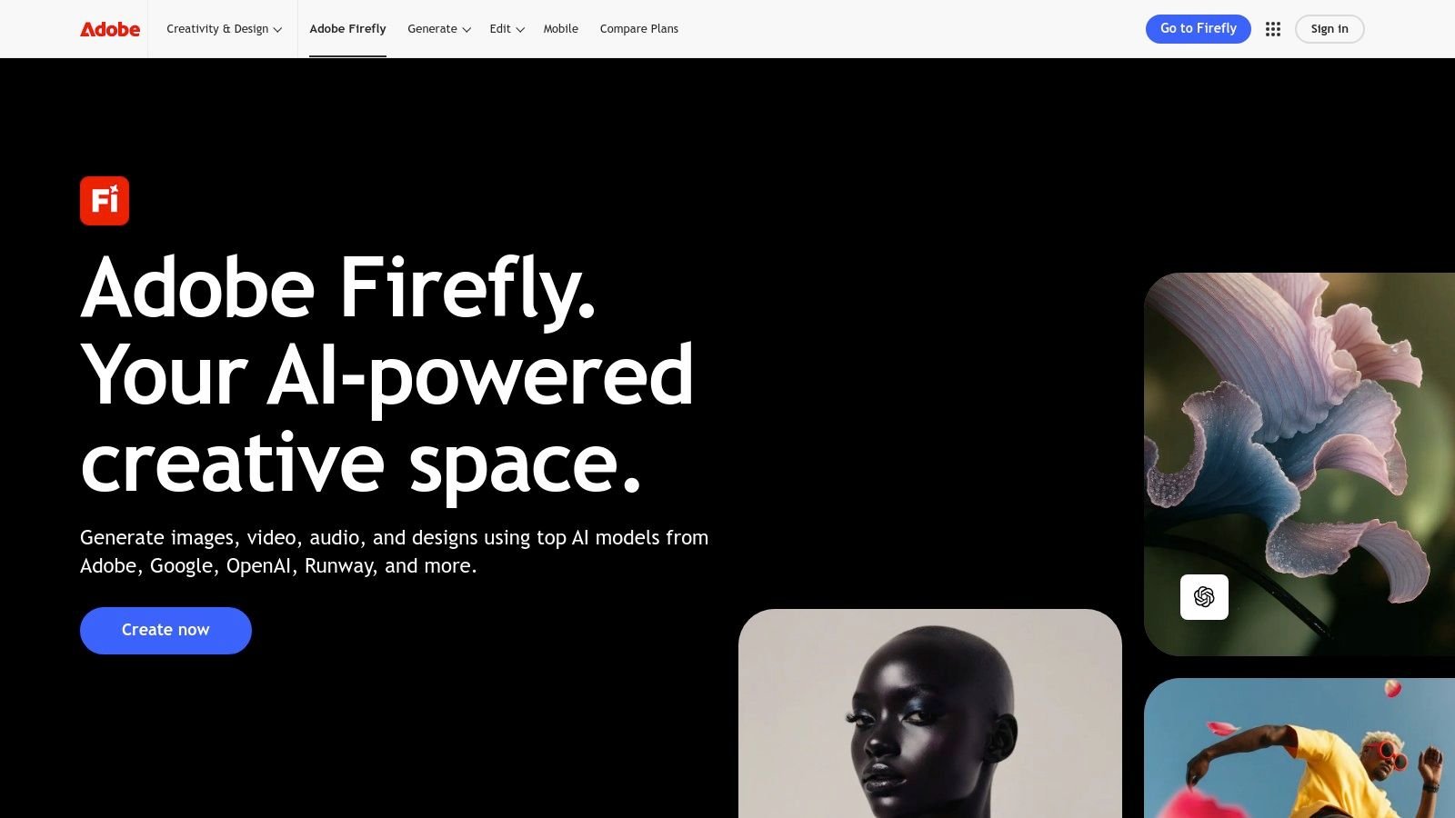 Adobe Firefly AI generatiivne loomekeskkond esilehel