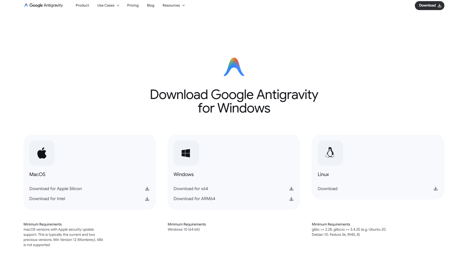 Google Antigravity allalaadimisvõimalused Windowsile, macOS-ile ja Linuxile